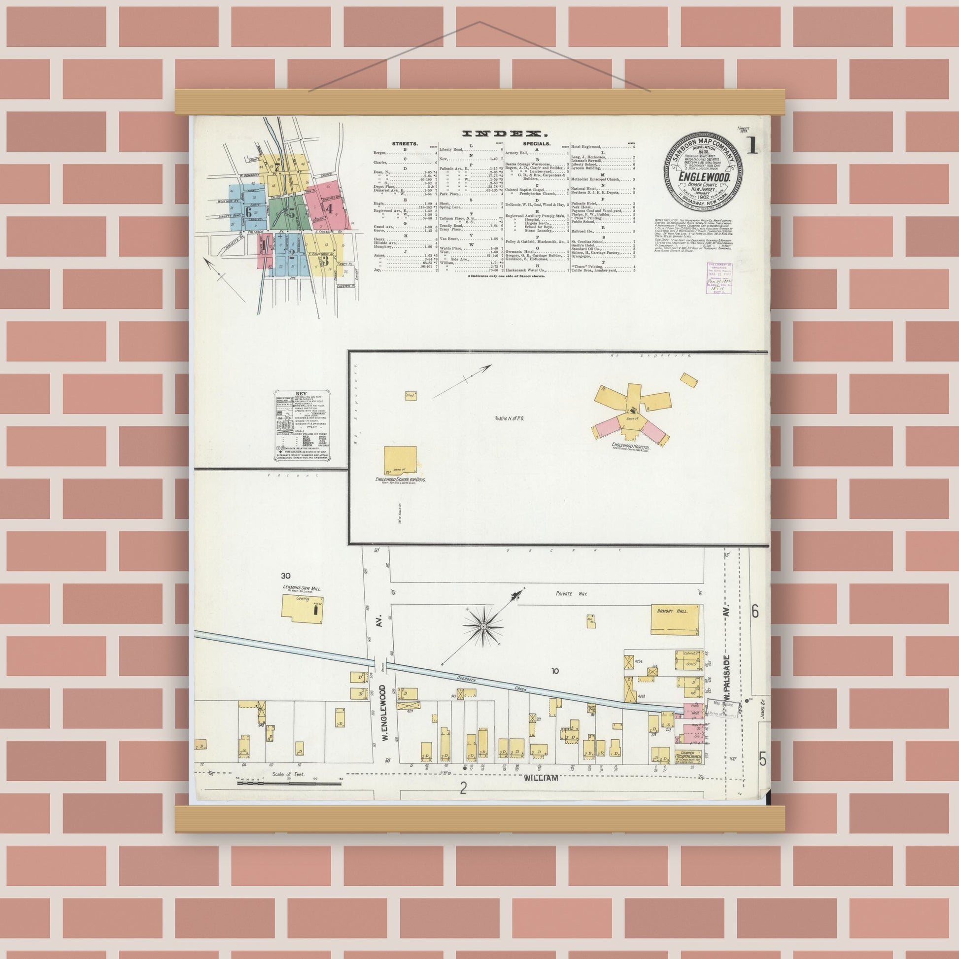 Old map wall art mockup — magnetic wood frame on brick wall — Sanborn Fire Insurance Map from Englewood, Bergen County, New Jersey (1902) - Complete Map Set