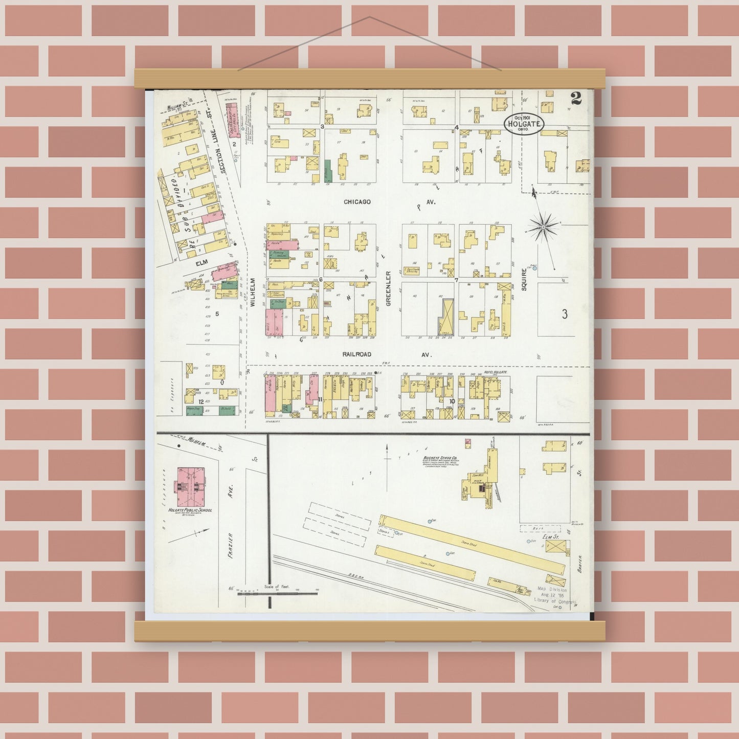 Old map wall art mockup — magnetic wood frame on brick wall — Sanborn Fire Insurance Map from Holgate, Henry County, Ohio (1901), Sheet #0002