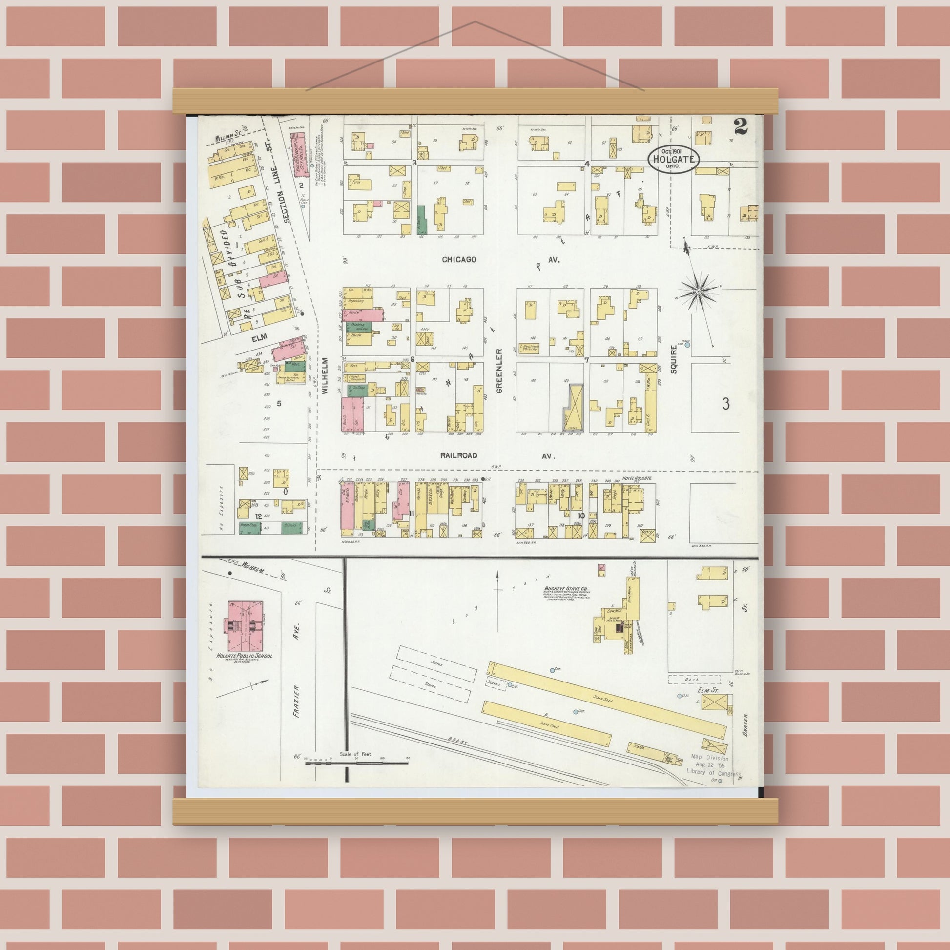 Old map wall art mockup — magnetic wood frame on brick wall — Sanborn Fire Insurance Map from Holgate, Henry County, Ohio (1901), Sheet #0002