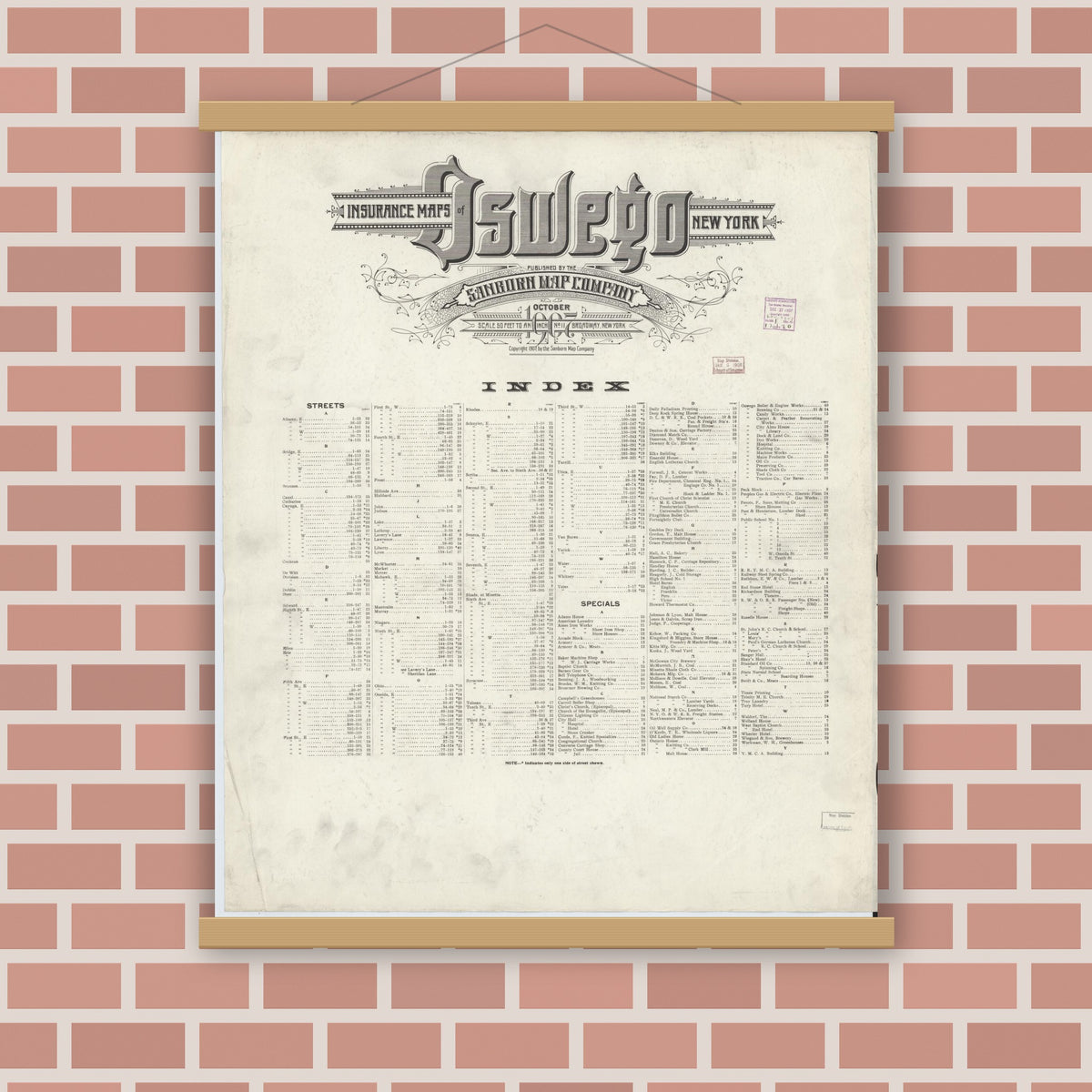Old map wall art mockup — magnetic wood frame on brick wall — Sanborn Fire Insurance Map from Oswego, Oswego County, New York (1907), Sheet #0001