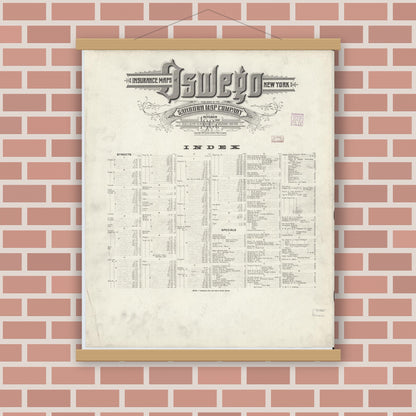 Old map wall art mockup — magnetic wood frame on brick wall — Sanborn Fire Insurance Map from Oswego, Oswego County, New York (1907), Sheet #0001