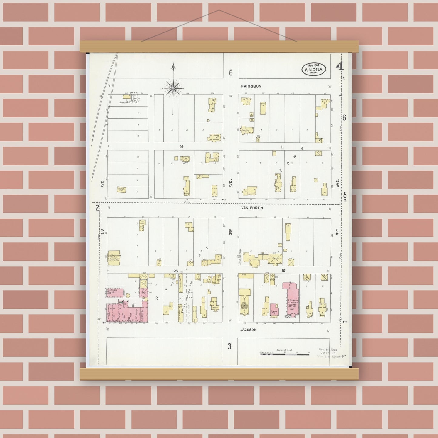 Old map wall art mockup — magnetic wood frame on brick wall — Sanborn Fire Insurance Map from Anoka, Anoka County, Minnesota (1904), Sheet #0004