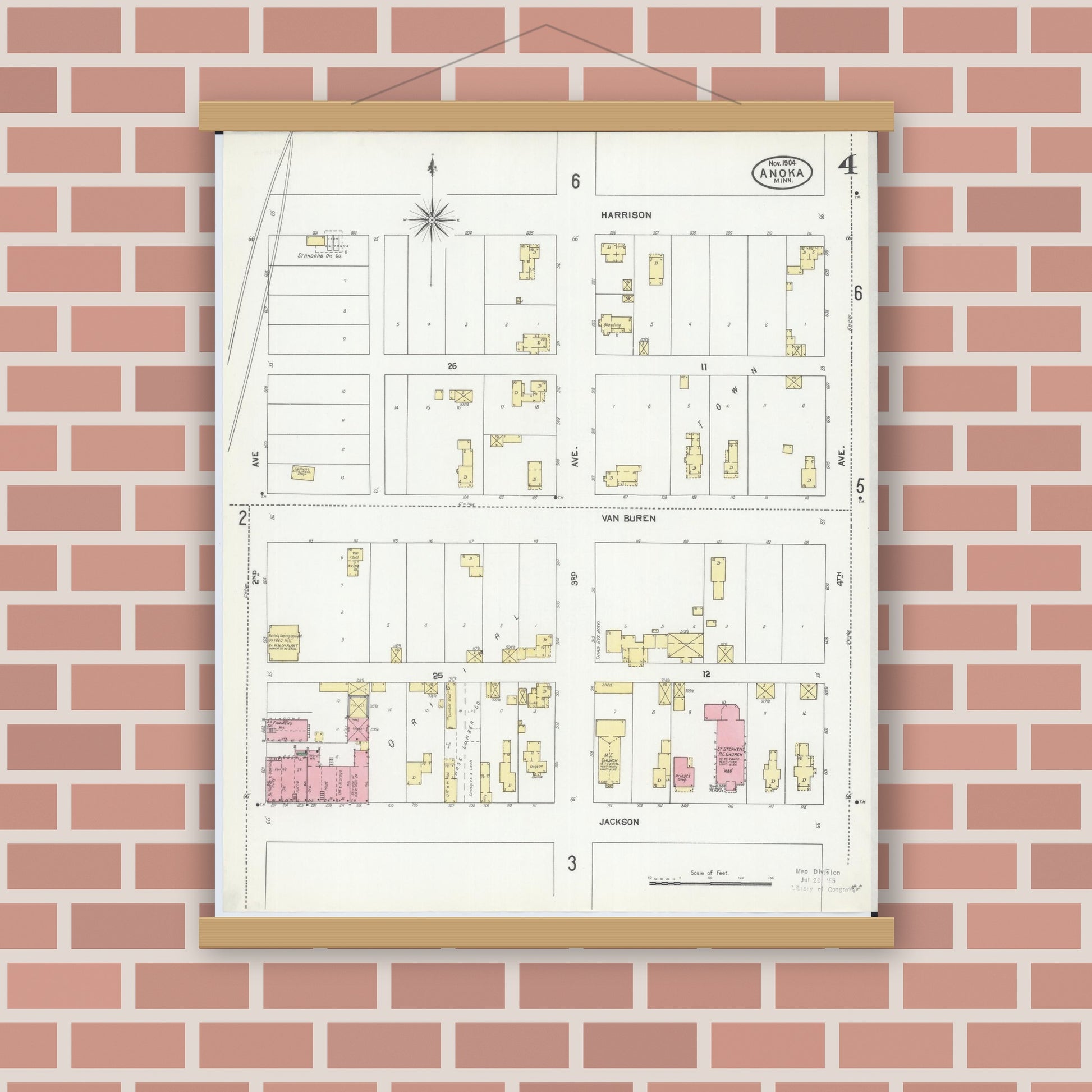 Old map wall art mockup — magnetic wood frame on brick wall — Sanborn Fire Insurance Map from Anoka, Anoka County, Minnesota (1904), Sheet #0004