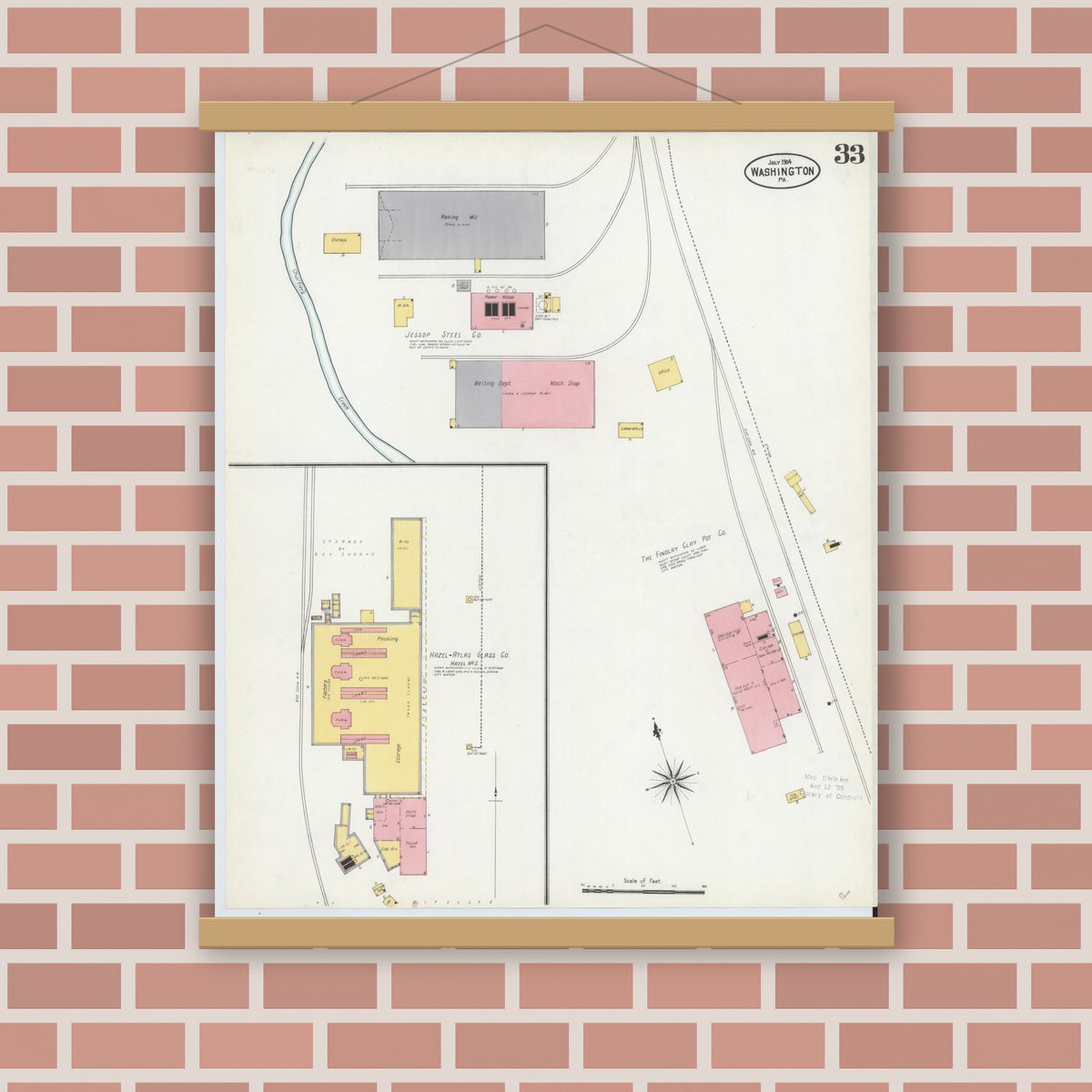Old map wall art mockup — magnetic wood frame on brick wall — Sanborn Fire Insurance Map from Washington, Washington County, Pennsylvania (1904), Sheet #0033
