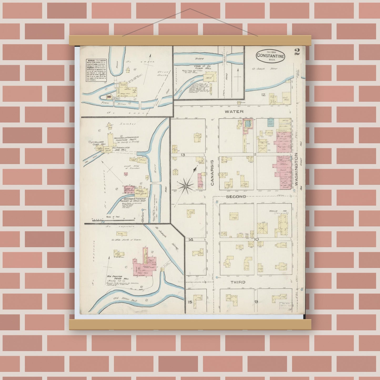 Old map wall art mockup — magnetic wood frame on brick wall — Sanborn Fire Insurance Map from Constantine, Saint Joseph County, Michigan (1884), Sheet #0002