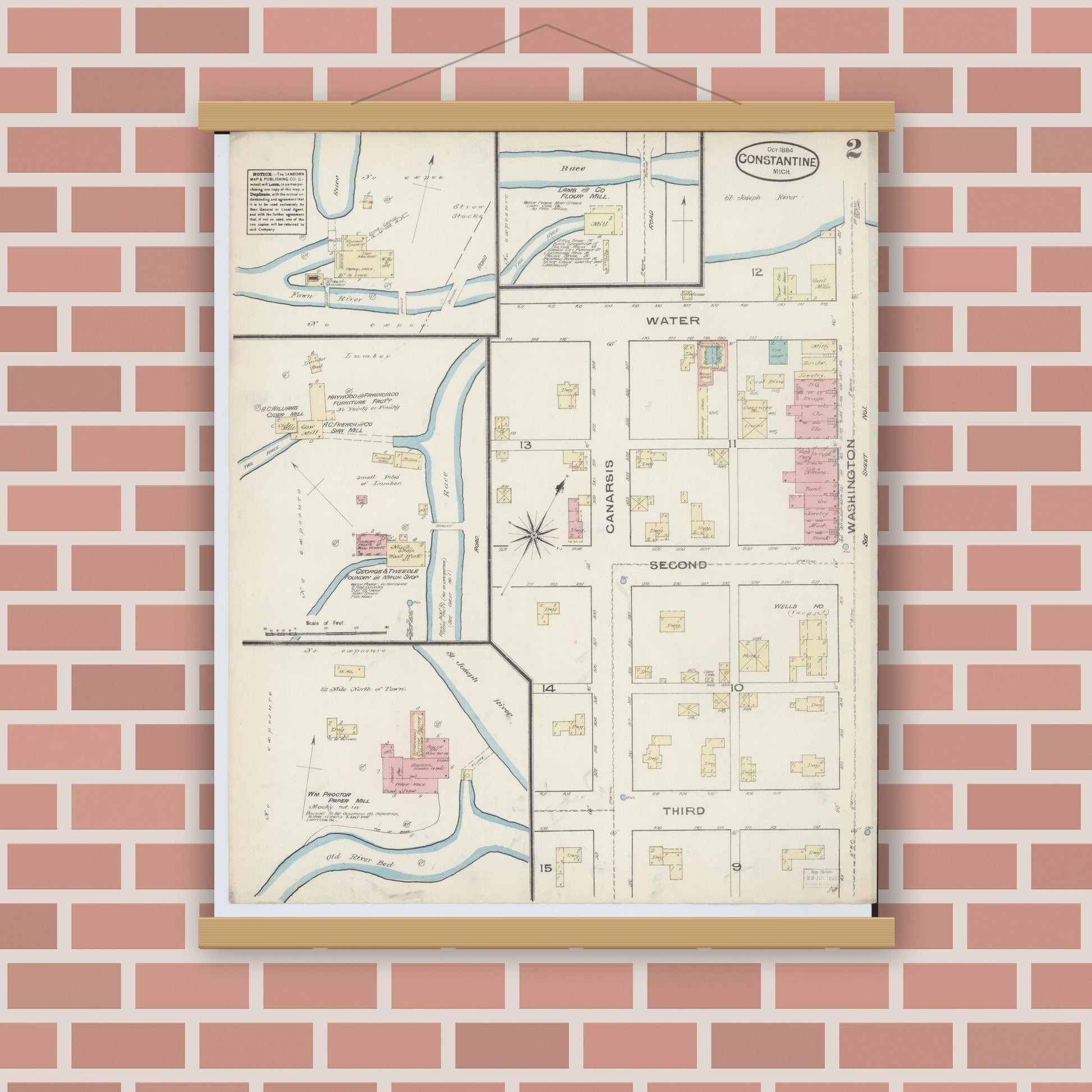 Old map wall art mockup — magnetic wood frame on brick wall — Sanborn Fire Insurance Map from Constantine, Saint Joseph County, Michigan (1884), Sheet #0002