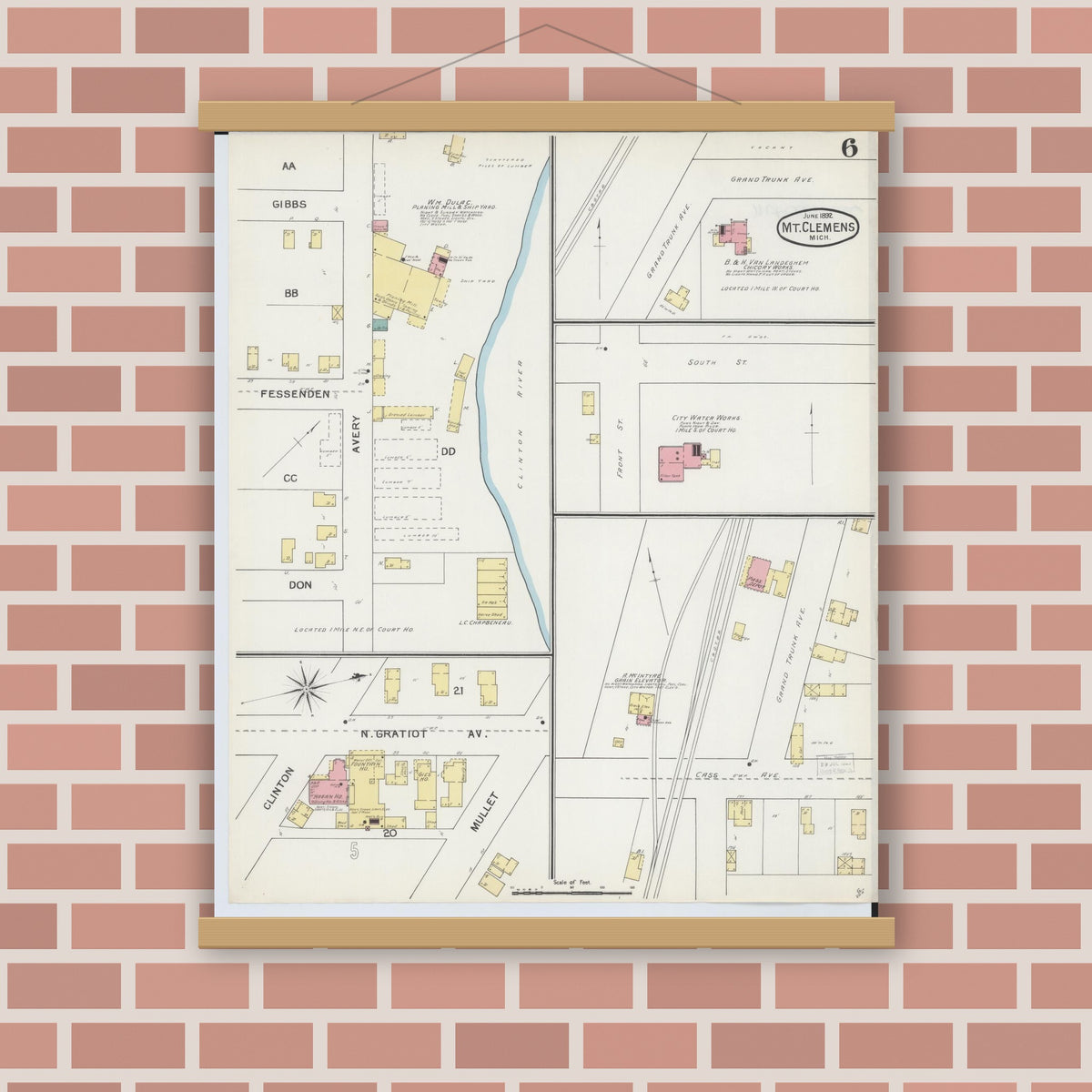 Old map wall art mockup — magnetic wood frame on brick wall — Sanborn Fire Insurance Map from Mount Clemens, Macomb County, Michigan (1892), Sheet #0006