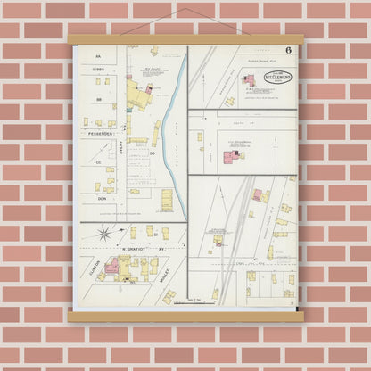 Old map wall art mockup — magnetic wood frame on brick wall — Sanborn Fire Insurance Map from Mount Clemens, Macomb County, Michigan (1892), Sheet #0006