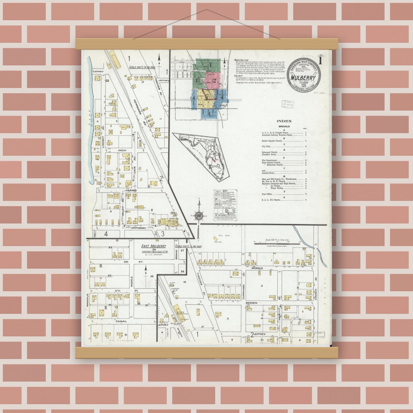 Old map wall art mockup — magnetic wood frame on brick wall — Sanborn Fire Insurance Map from Mulberry, Polk County, Florida (1919) - Complete Map Set