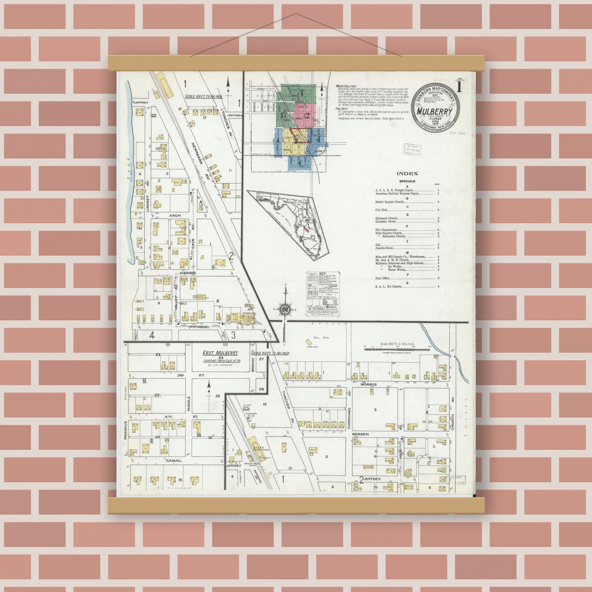 Old map wall art mockup — magnetic wood frame on brick wall — Sanborn Fire Insurance Map from Mulberry, Polk County, Florida (1919) - Complete Map Set