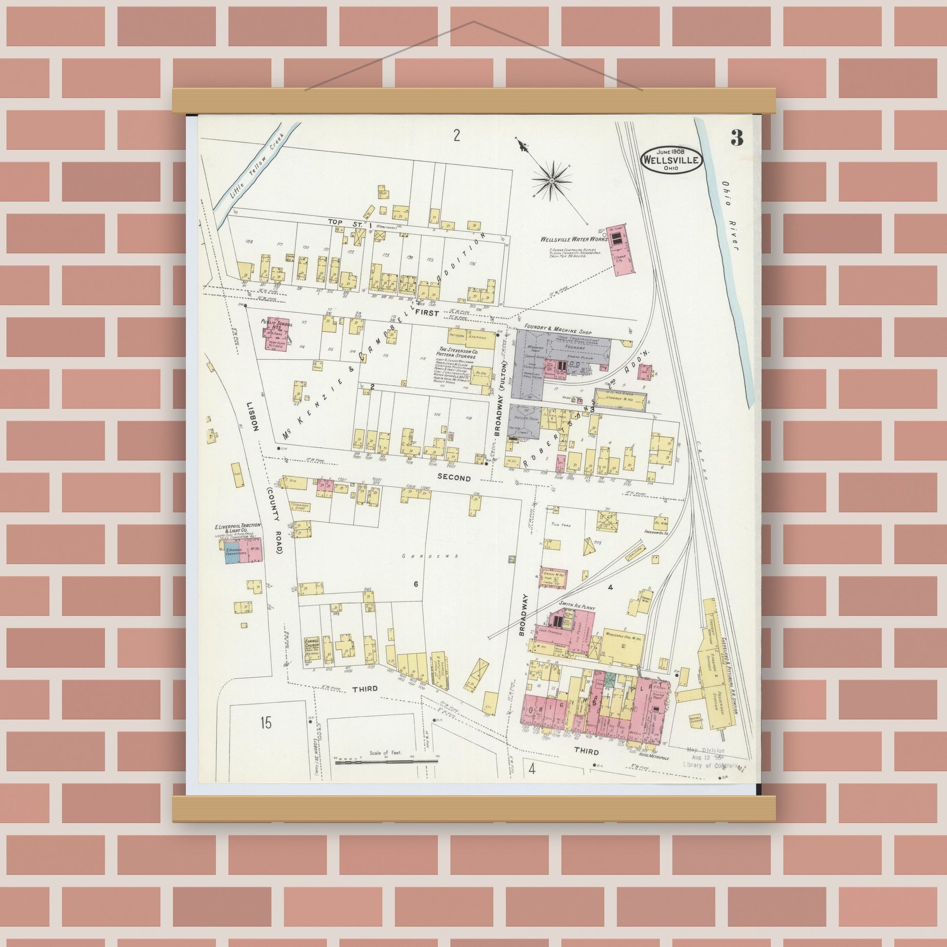 Old map wall art mockup — magnetic wood frame on brick wall — Sanborn Fire Insurance Map from Wellsville, Columbiana County, Ohio (1908), Sheet #0003