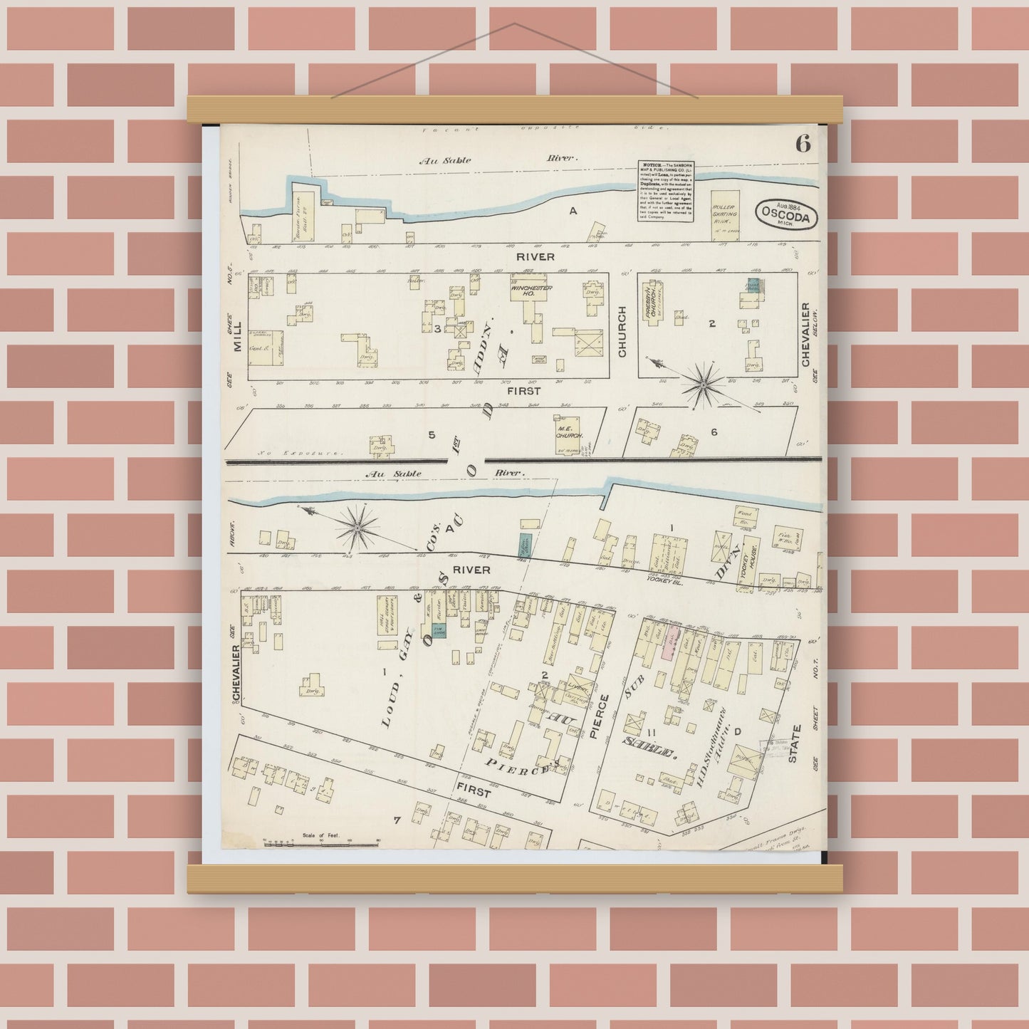 Old map wall art mockup — magnetic wood frame on brick wall — Sanborn Fire Insurance Map from Oscoda, Iosco County, Michigan (1884), Sheet #0006