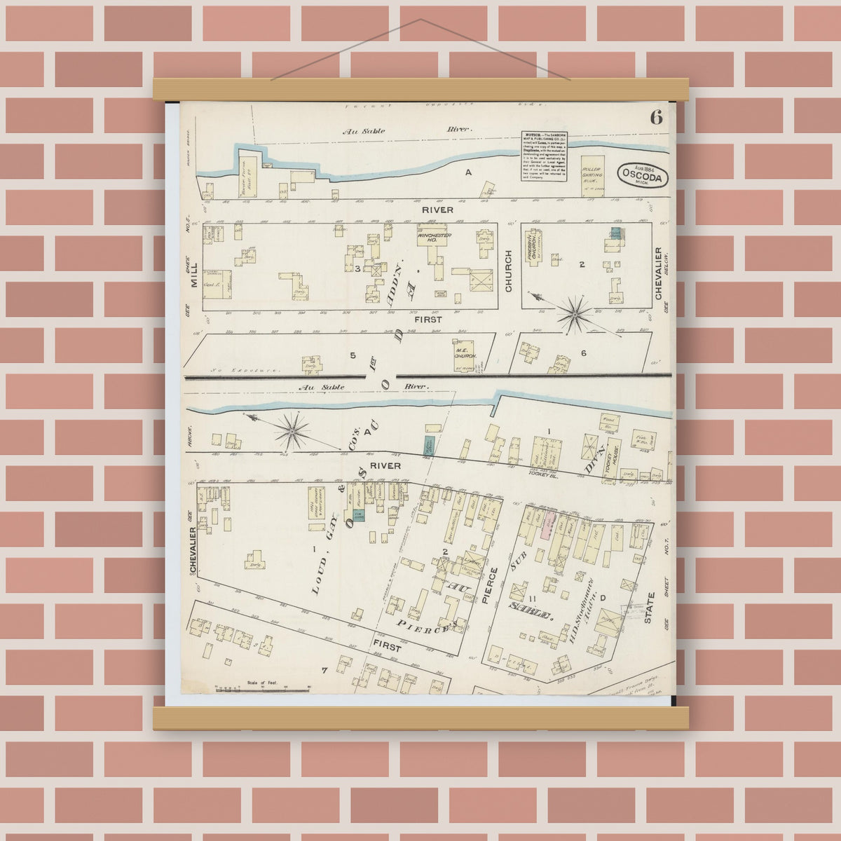 Old map wall art mockup — magnetic wood frame on brick wall — Sanborn Fire Insurance Map from Oscoda, Iosco County, Michigan (1884), Sheet #0006