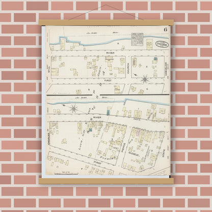 Old map wall art mockup — magnetic wood frame on brick wall — Sanborn Fire Insurance Map from Oscoda, Iosco County, Michigan (1884), Sheet #0006