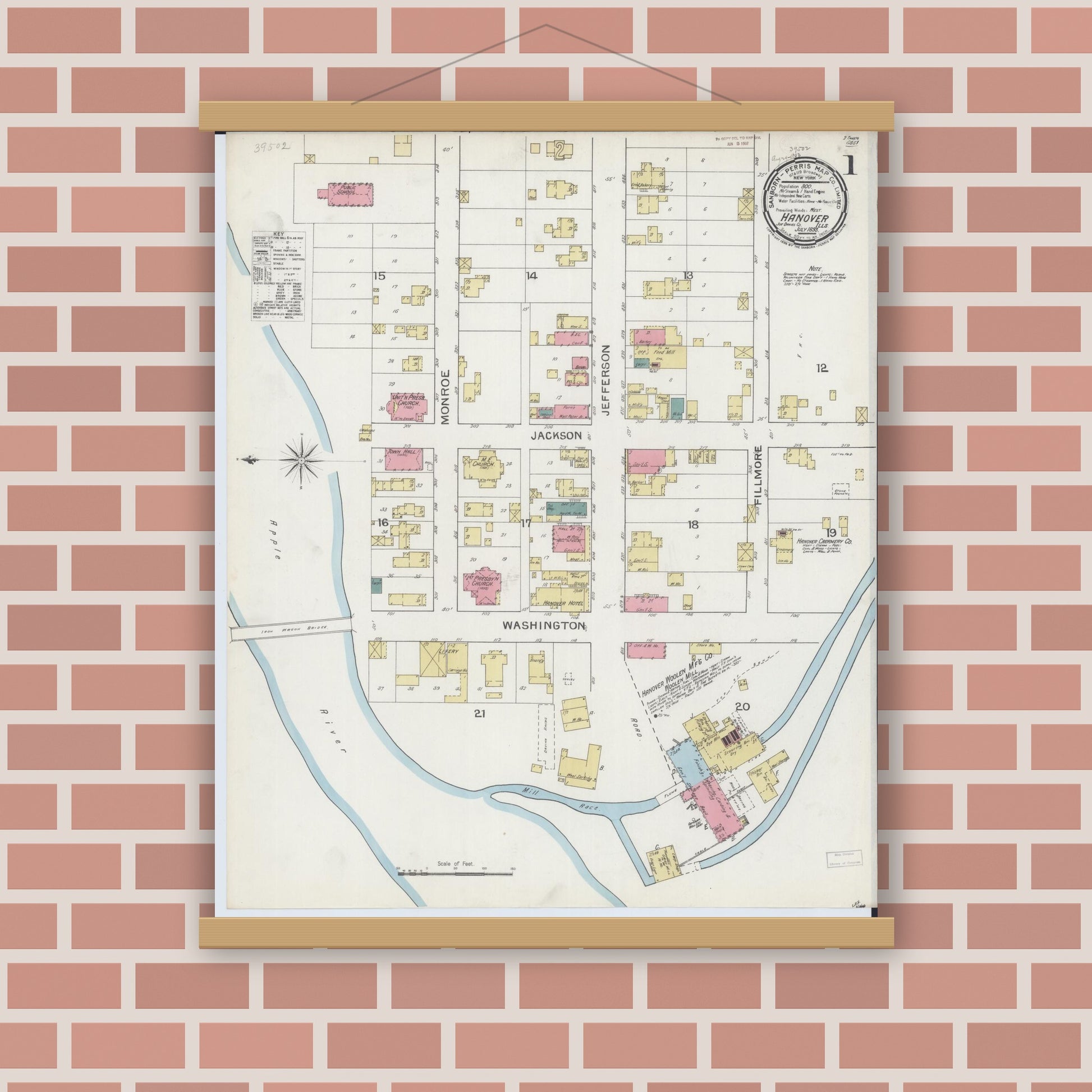Old map wall art mockup — magnetic wood frame on brick wall — Sanborn Fire Insurance Map from Hanover, Jo Daviess County, Illinois (1893), Sheet #0001