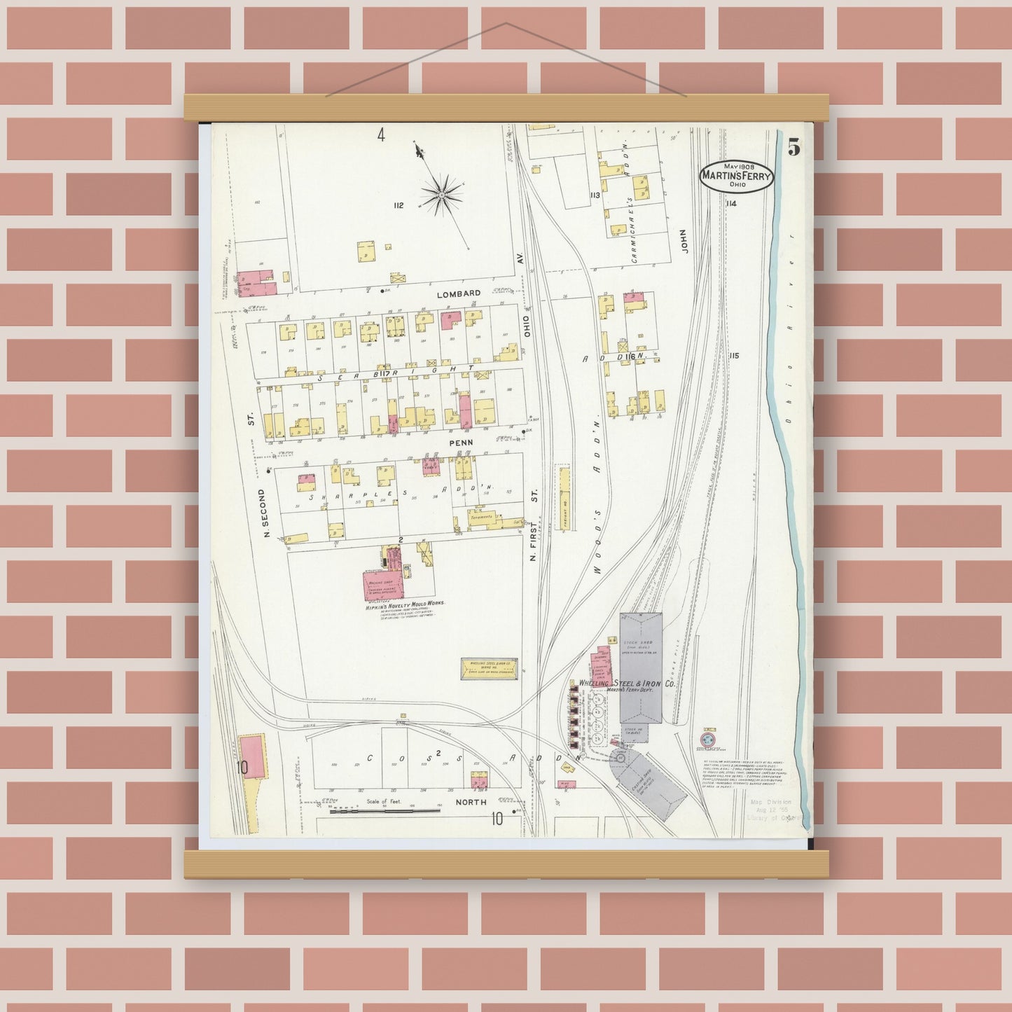 Old map wall art mockup — magnetic wood frame on brick wall — Sanborn Fire Insurance Map from Martins Ferry, Belmont County, Ohio (1908), Sheet #0005