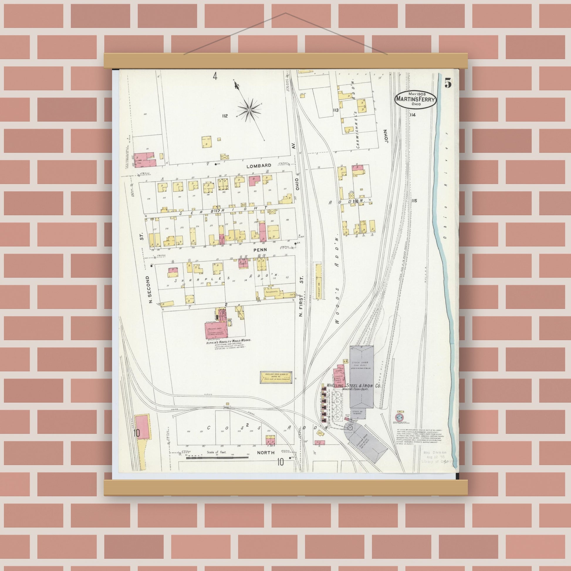 Old map wall art mockup — magnetic wood frame on brick wall — Sanborn Fire Insurance Map from Martins Ferry, Belmont County, Ohio (1908), Sheet #0005