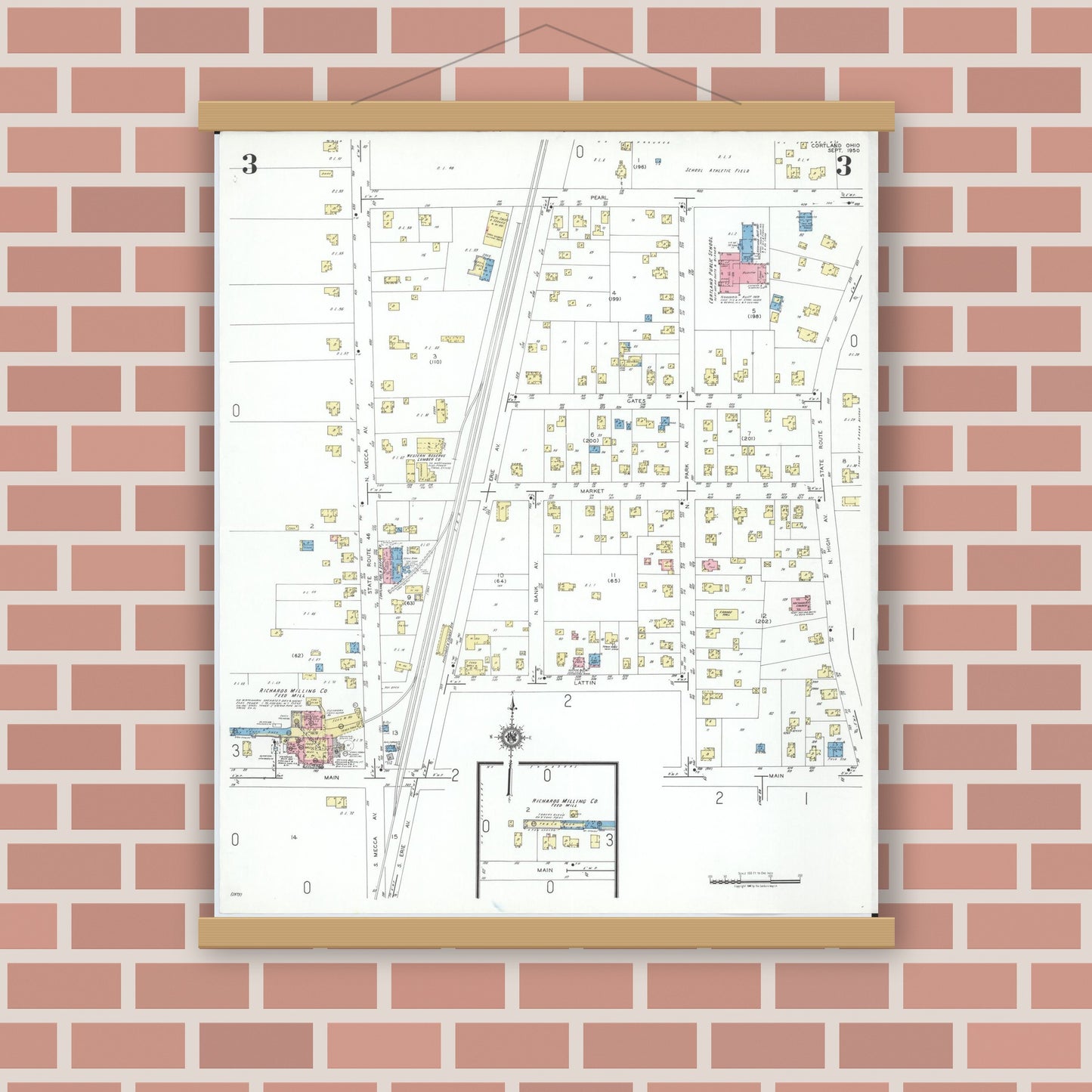 Old map wall art mockup — magnetic wood frame on brick wall — Sanborn Fire Insurance Map from Cortland, Trumbull County, Ohio (1950), Sheet #0003