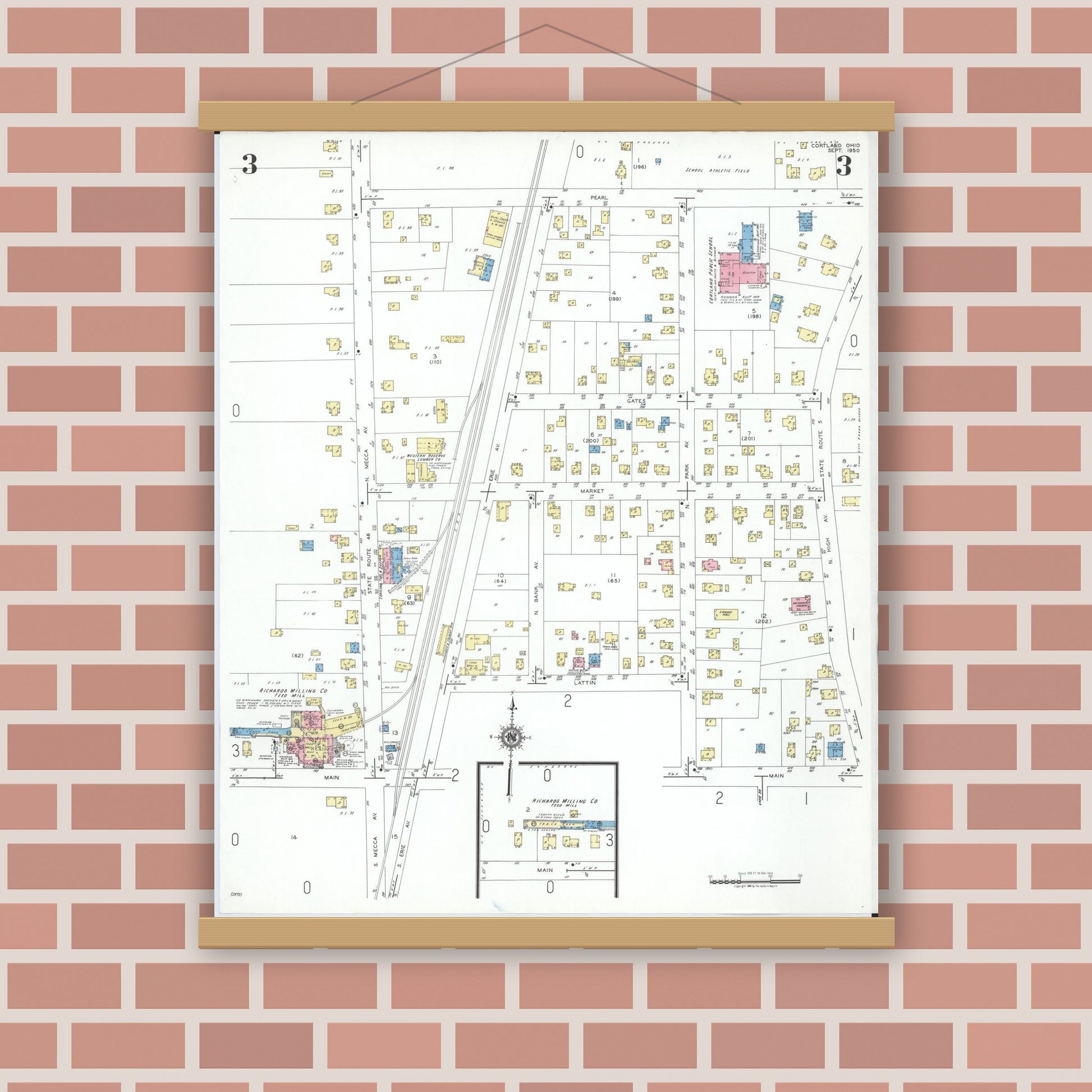 Old map wall art mockup — magnetic wood frame on brick wall — Sanborn Fire Insurance Map from Cortland, Trumbull County, Ohio (1950), Sheet #0003
