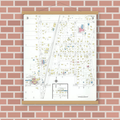 Old map wall art mockup — magnetic wood frame on brick wall — Sanborn Fire Insurance Map from Cortland, Trumbull County, Ohio (1950), Sheet #0003