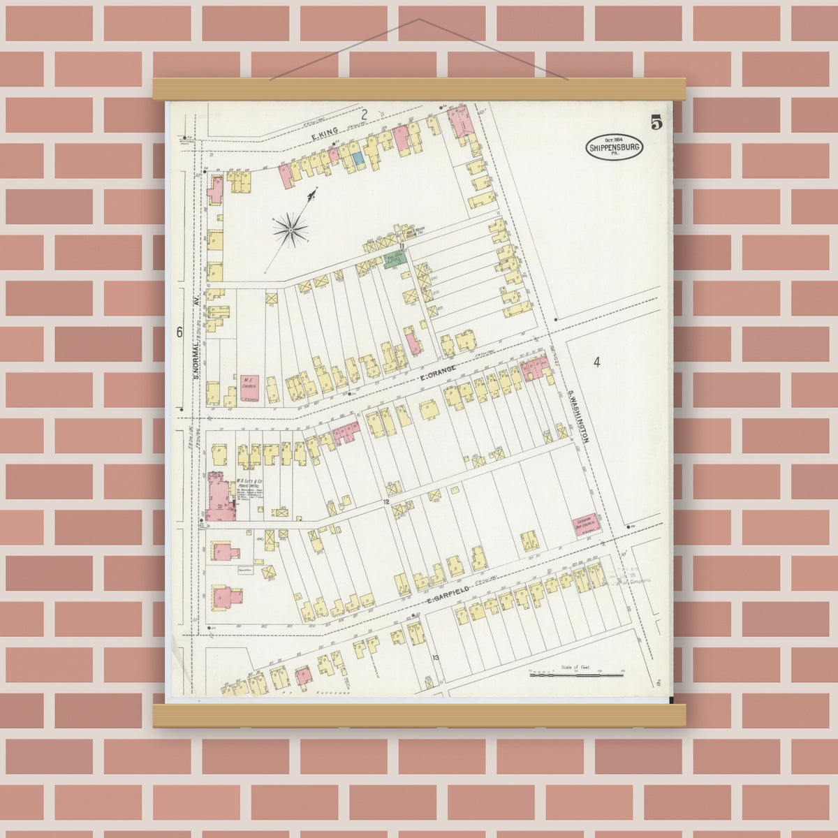 Old map wall art mockup — magnetic wood frame on brick wall — Sanborn Fire Insurance Map from Shippensburg, Cumberland And Franklin Counties, Pennsylvania (1904), Sheet #0005