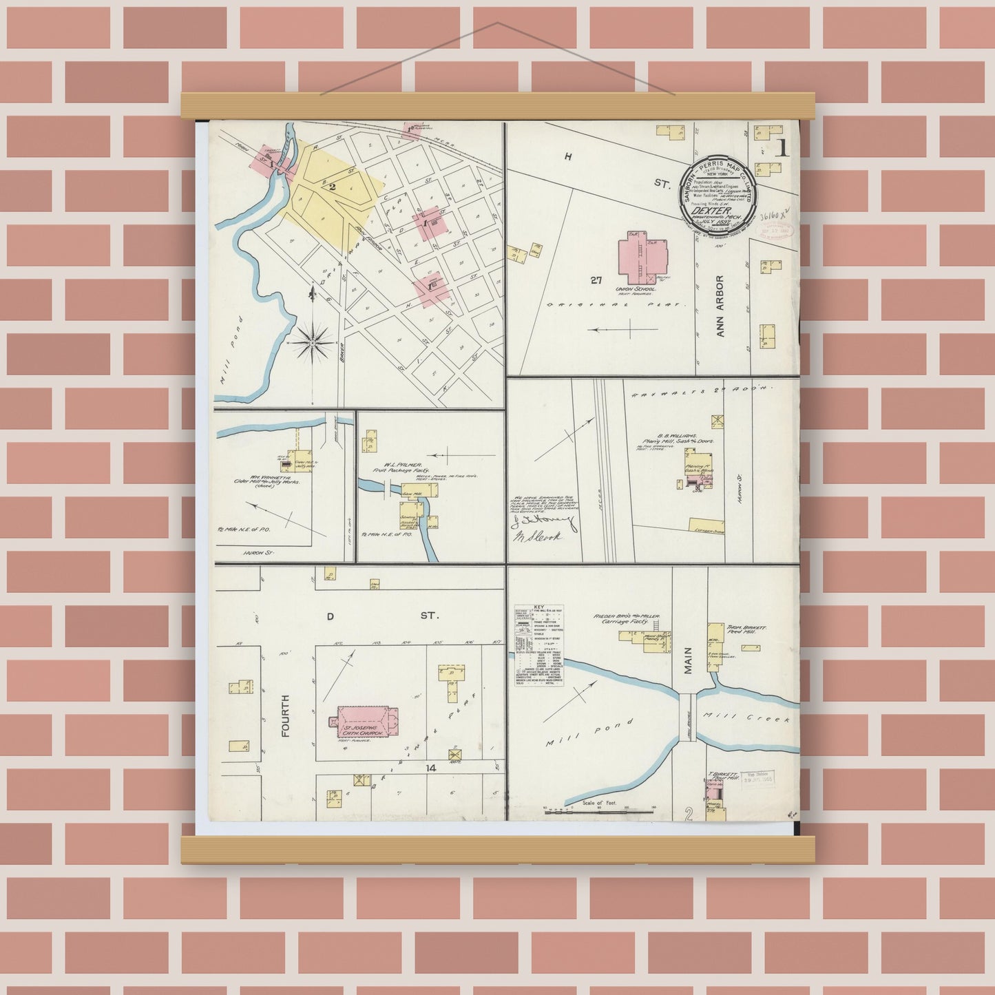 Old map wall art mockup — magnetic wood frame on brick wall — Sanborn Fire Insurance Map from Dexter, Washtenaw County, Michigan (1892), Sheet #0001