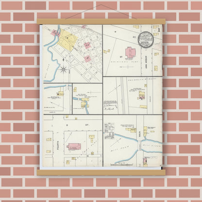 Old map wall art mockup — magnetic wood frame on brick wall — Sanborn Fire Insurance Map from Dexter, Washtenaw County, Michigan (1892), Sheet #0001