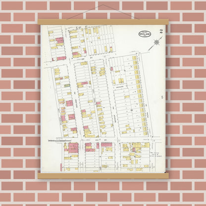 Old map wall art mockup — magnetic wood frame on brick wall — Sanborn Fire Insurance Map from Midland, Beaver County, Pennsylvania (1917), Sheet #0002