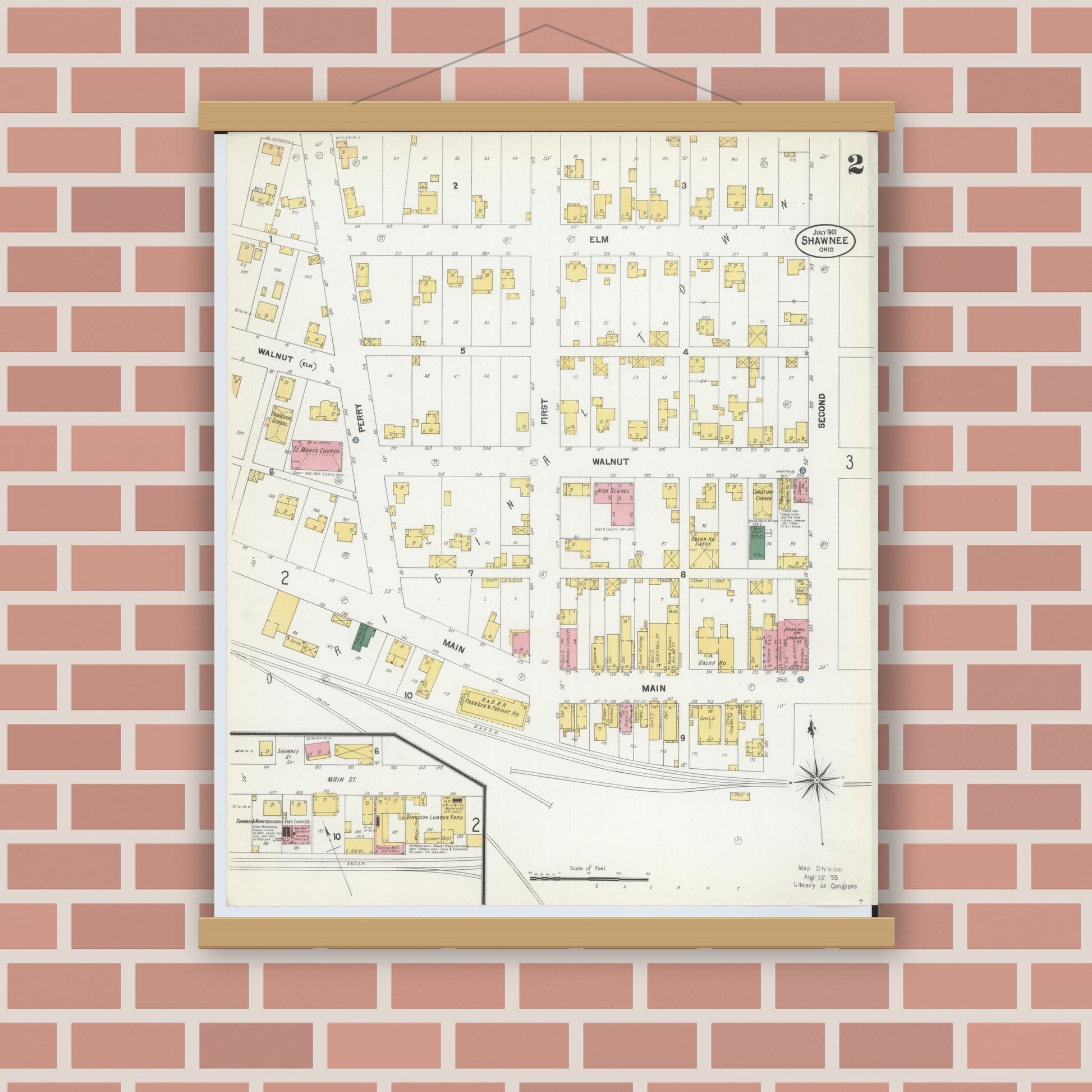 Old map wall art mockup — magnetic wood frame on brick wall — Sanborn Fire Insurance Map from Shawnee, Perry County, Ohio (1901), Sheet #0002