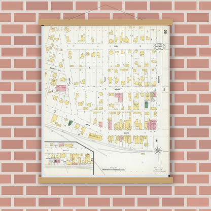 Old map wall art mockup — magnetic wood frame on brick wall — Sanborn Fire Insurance Map from Shawnee, Perry County, Ohio (1901), Sheet #0002