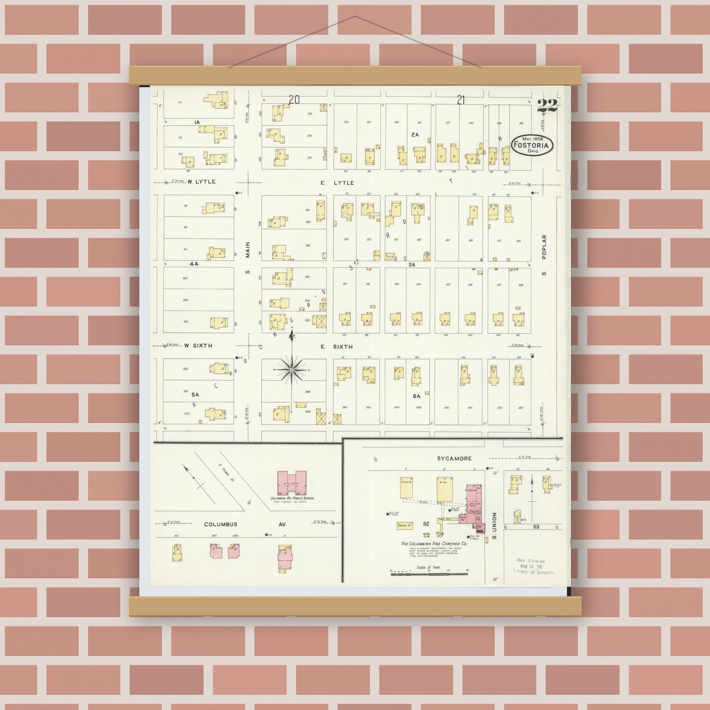 Old map wall art mockup — magnetic wood frame on brick wall — Sanborn Fire Insurance Map from Fostoria, Seneca, Hancock, And Wood Counties, Ohio (1908), Sheet #0022