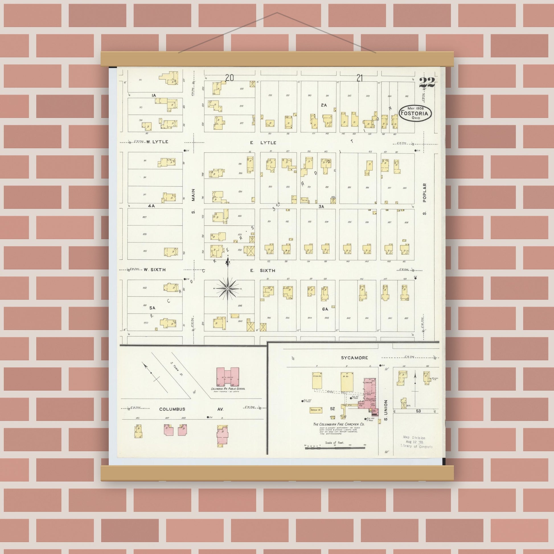 Old map wall art mockup — magnetic wood frame on brick wall — Sanborn Fire Insurance Map from Fostoria, Seneca, Hancock, And Wood Counties, Ohio (1908), Sheet #0022