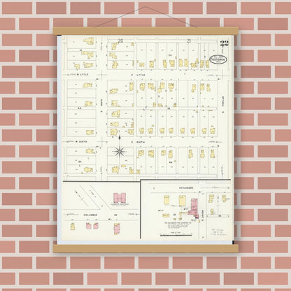 Old map wall art mockup — magnetic wood frame on brick wall — Sanborn Fire Insurance Map from Fostoria, Seneca, Hancock, And Wood Counties, Ohio (1908), Sheet #0022