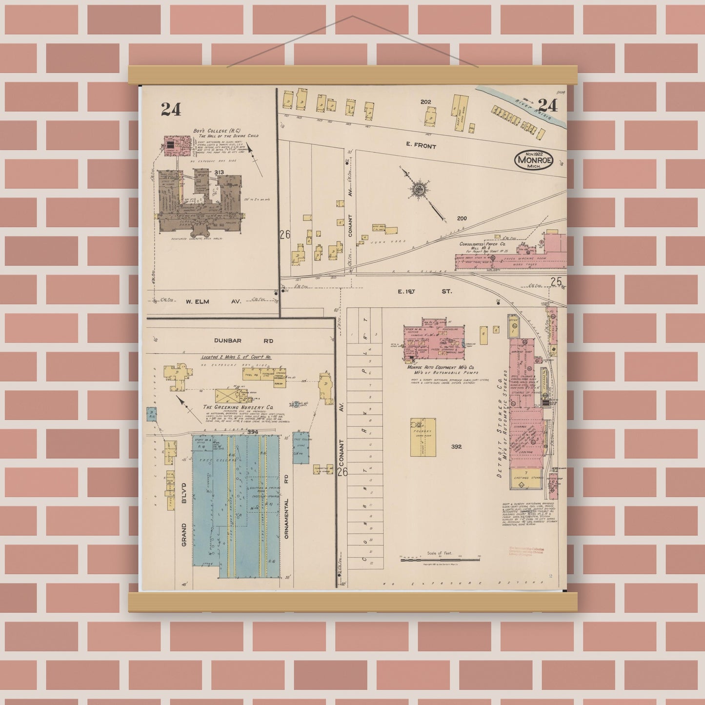 Old map wall art mockup — magnetic wood frame on brick wall — Sanborn Fire Insurance Map from Monroe, Monroe County, Michigan (1922), Sheet #0024