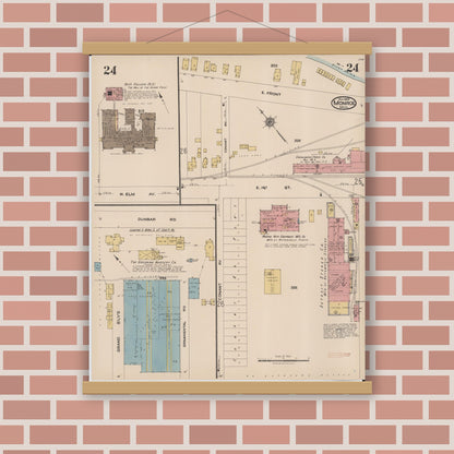 Old map wall art mockup — magnetic wood frame on brick wall — Sanborn Fire Insurance Map from Monroe, Monroe County, Michigan (1922), Sheet #0024