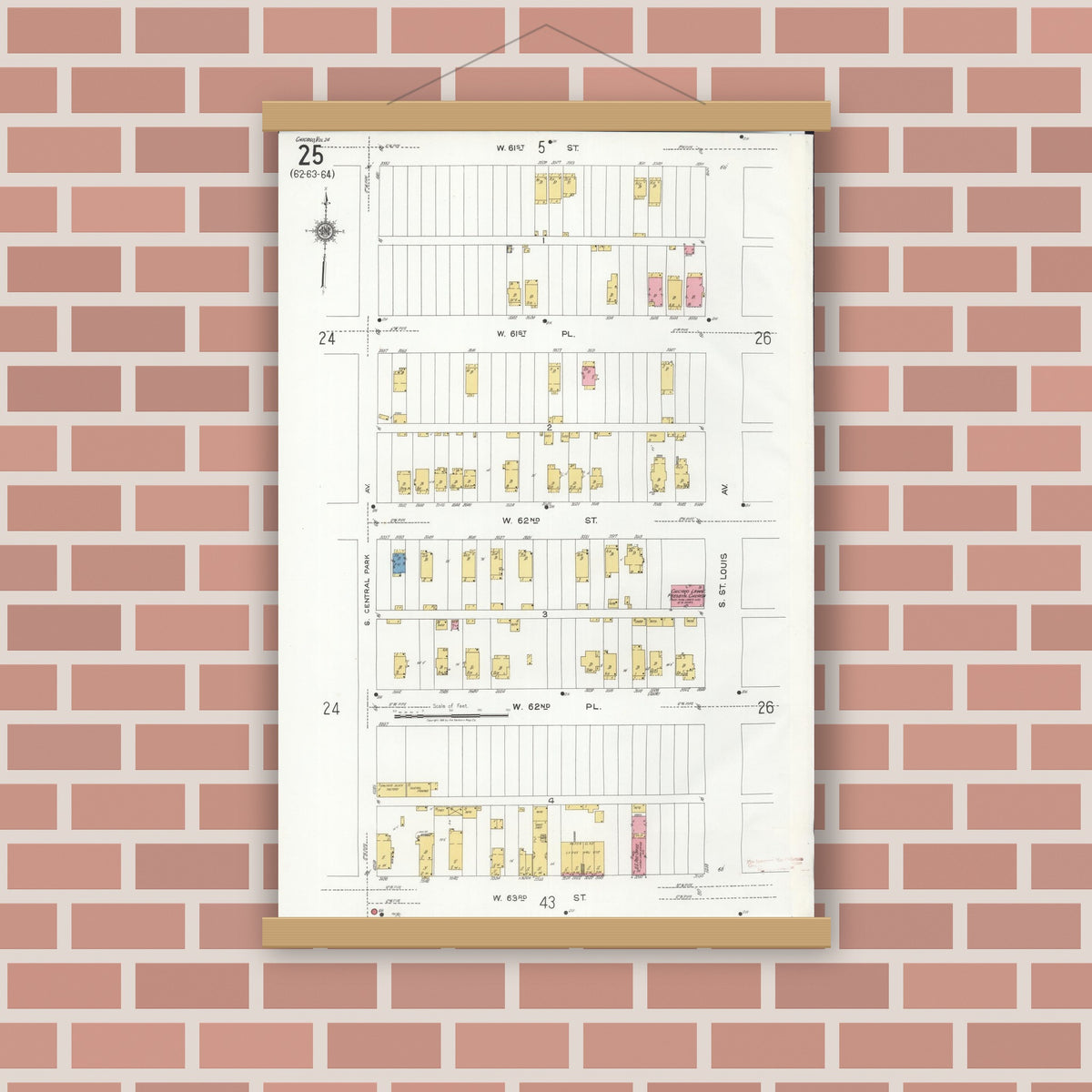 Old map wall art mockup — magnetic wood frame on brick wall — Sanborn Fire Insurance Map from Chicago, Cook County, Illinois (1920), Sheet #0025
