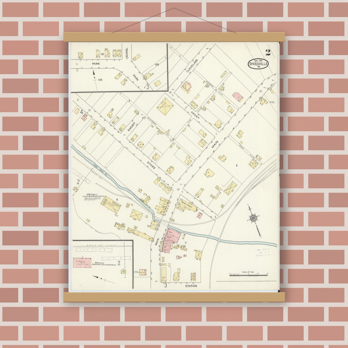 Old map wall art mockup — magnetic wood frame on brick wall — Sanborn Fire Insurance Map from Sykesville, Jefferson County, Pennsylvania (1914), Sheet #0002