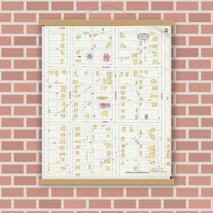 Old map wall art mockup — magnetic wood frame on brick wall — Sanborn Fire Insurance Map from Shelby, Richland County, Ohio (1904), Sheet #0002