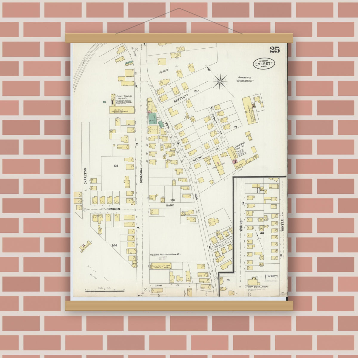 Old map wall art mockup — magnetic wood frame on brick wall — Sanborn Fire Insurance Map from Everett, Middlesex County, Massachusetts (1897), Sheet #0025