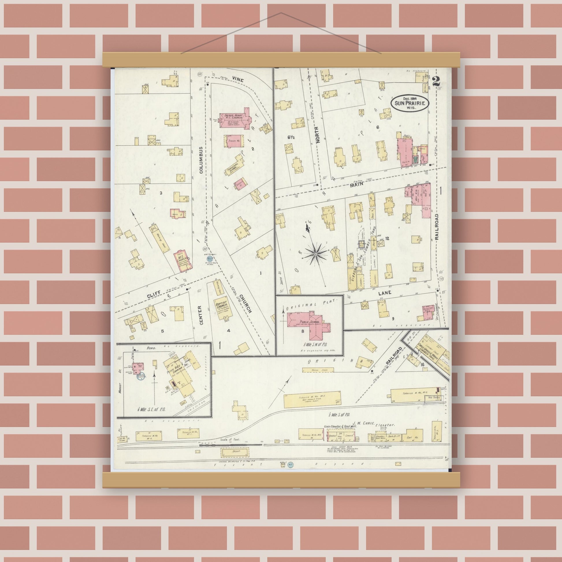 Old map wall art mockup — magnetic wood frame on brick wall — Sanborn Fire Insurance Map from Sun Prairie, Dane County, Wisconsin (1905), Sheet #0002