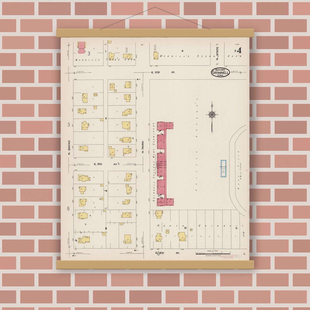 Old map wall art mockup — magnetic wood frame on brick wall — Sanborn Fire Insurance Map from Grinnell, Poweshiek County, Iowa (1922), Sheet #0004