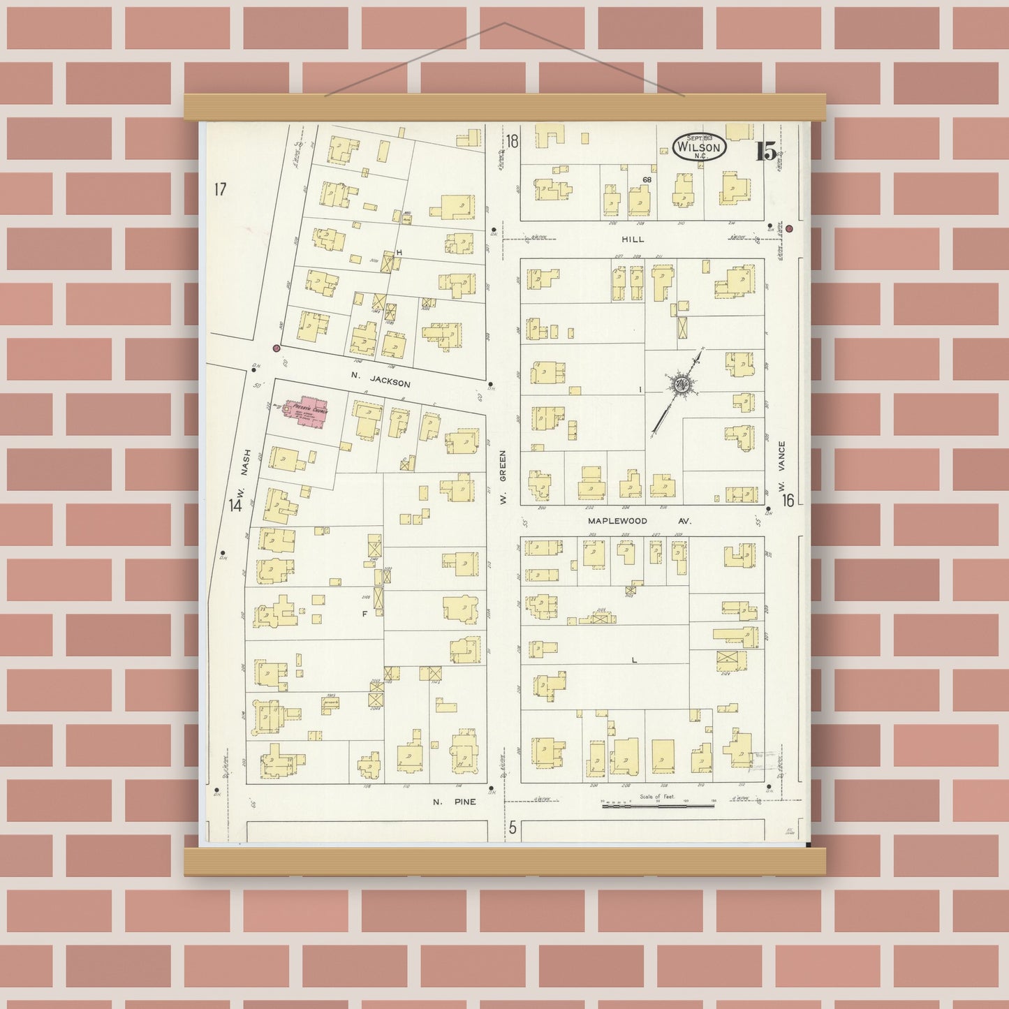 Old map wall art mockup — magnetic wood frame on brick wall — Sanborn Fire Insurance Map from Wilson, Wilson County, North Carolina (1913), Sheet #0015