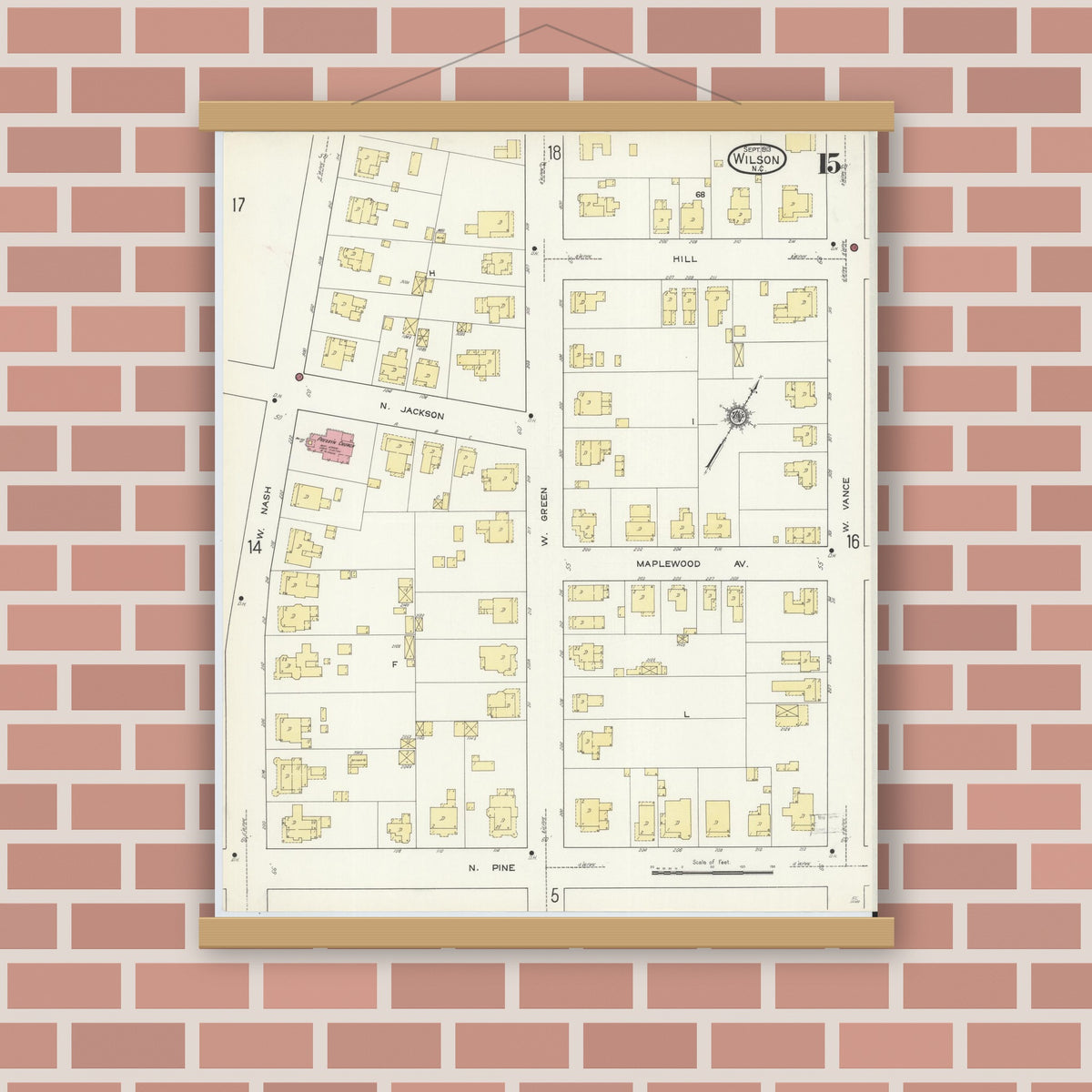 Old map wall art mockup — magnetic wood frame on brick wall — Sanborn Fire Insurance Map from Wilson, Wilson County, North Carolina (1913), Sheet #0015