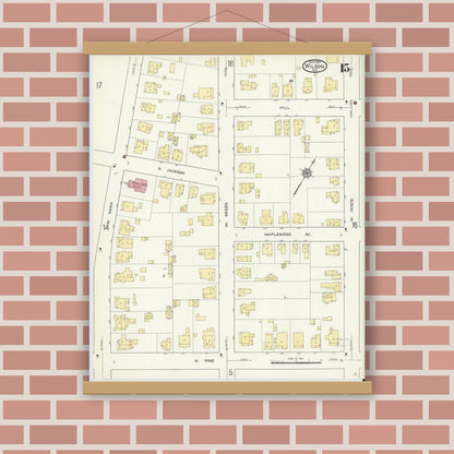 Old map wall art mockup — magnetic wood frame on brick wall — Sanborn Fire Insurance Map from Wilson, Wilson County, North Carolina (1913), Sheet #0015
