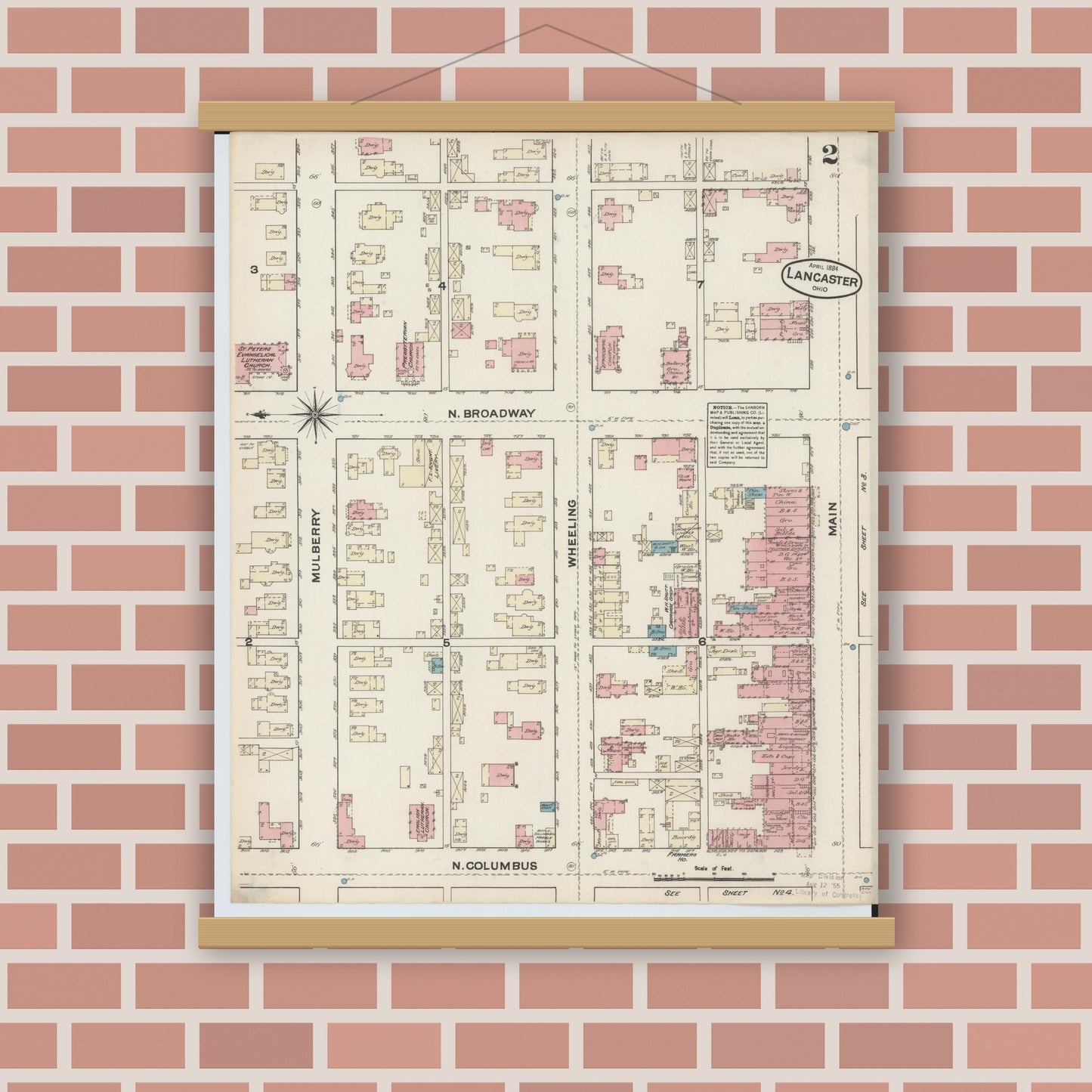 Old map wall art mockup — magnetic wood frame on brick wall — Sanborn Fire Insurance Map from Lancaster, Fairfield County, Ohio (1884), Sheet #0002