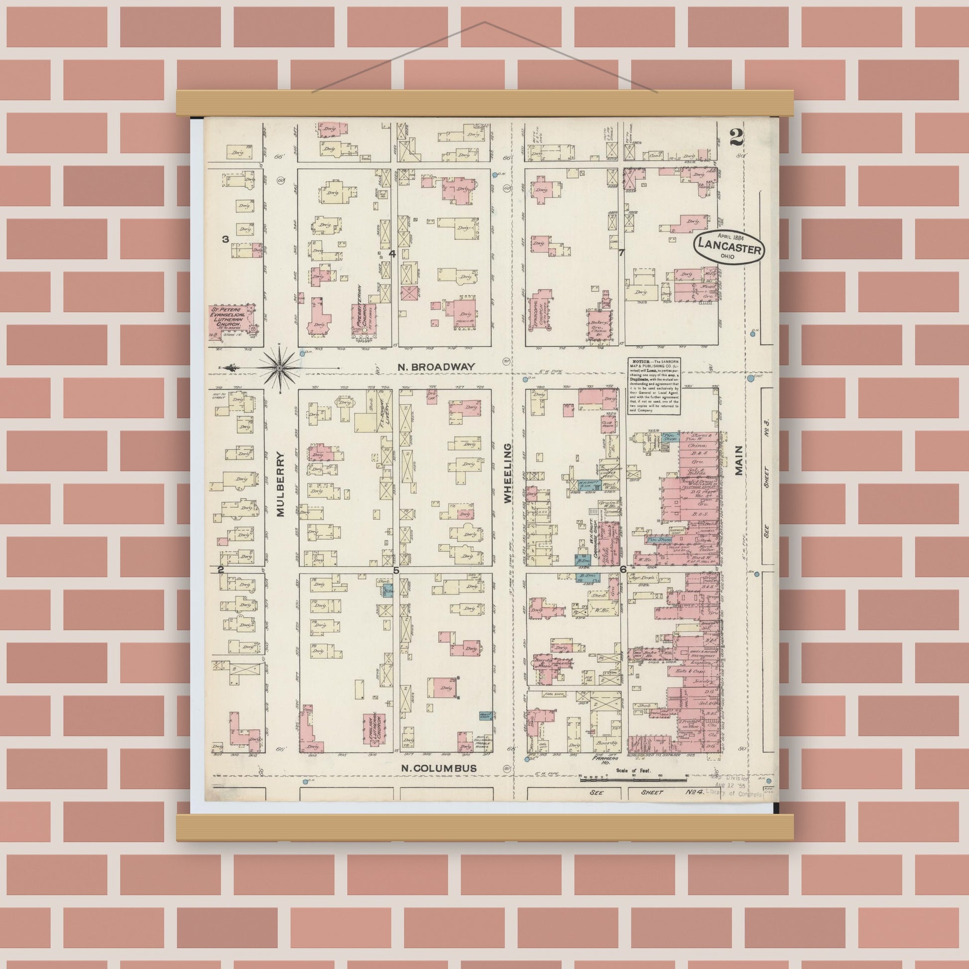 Old map wall art mockup — magnetic wood frame on brick wall — Sanborn Fire Insurance Map from Lancaster, Fairfield County, Ohio (1884), Sheet #0002