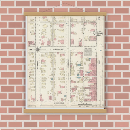 Old map wall art mockup — magnetic wood frame on brick wall — Sanborn Fire Insurance Map from Lancaster, Fairfield County, Ohio (1884), Sheet #0002