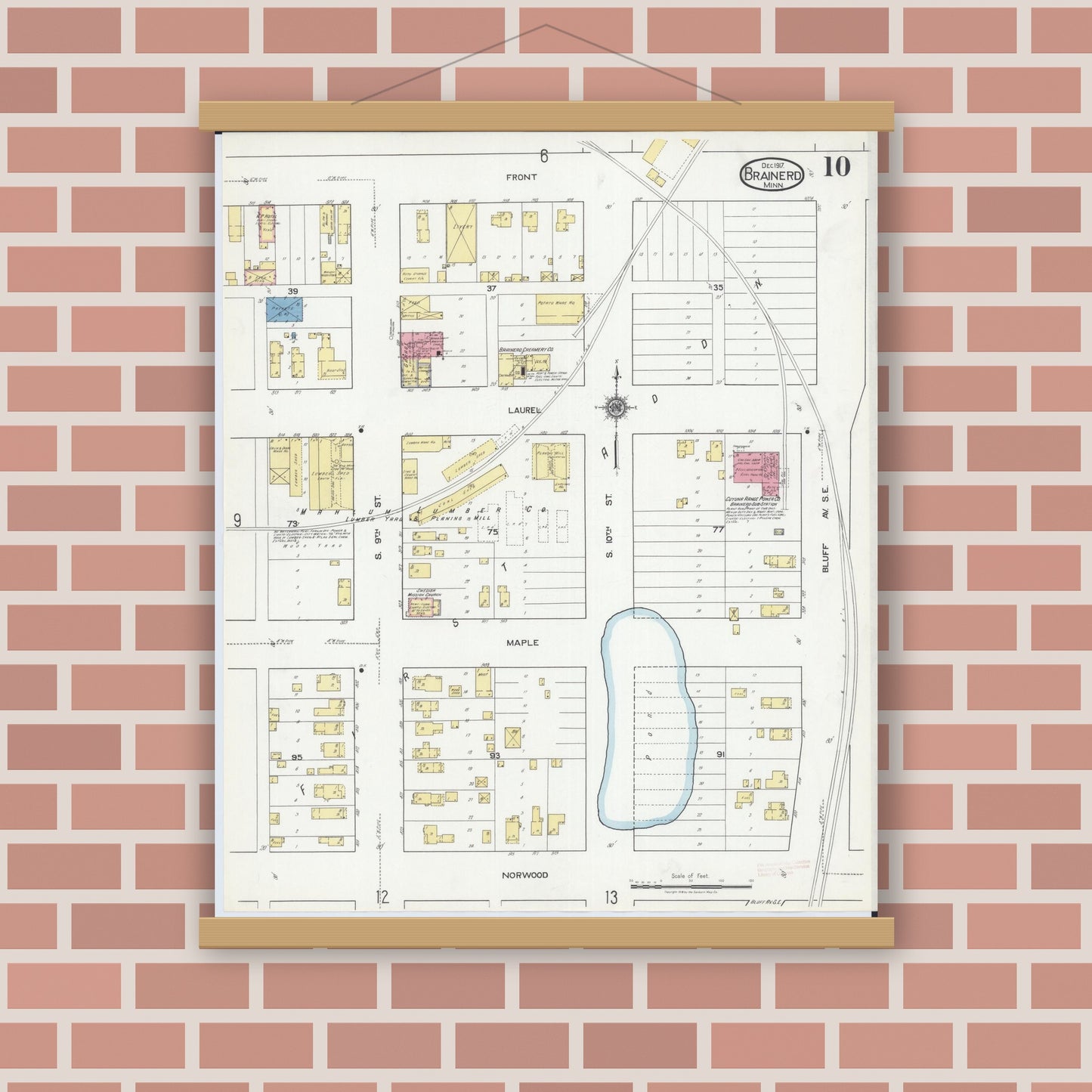 Old map wall art mockup — magnetic wood frame on brick wall — Sanborn Fire Insurance Map from Brainerd, Crow Wing County, Minnesota (1917), Sheet #0010