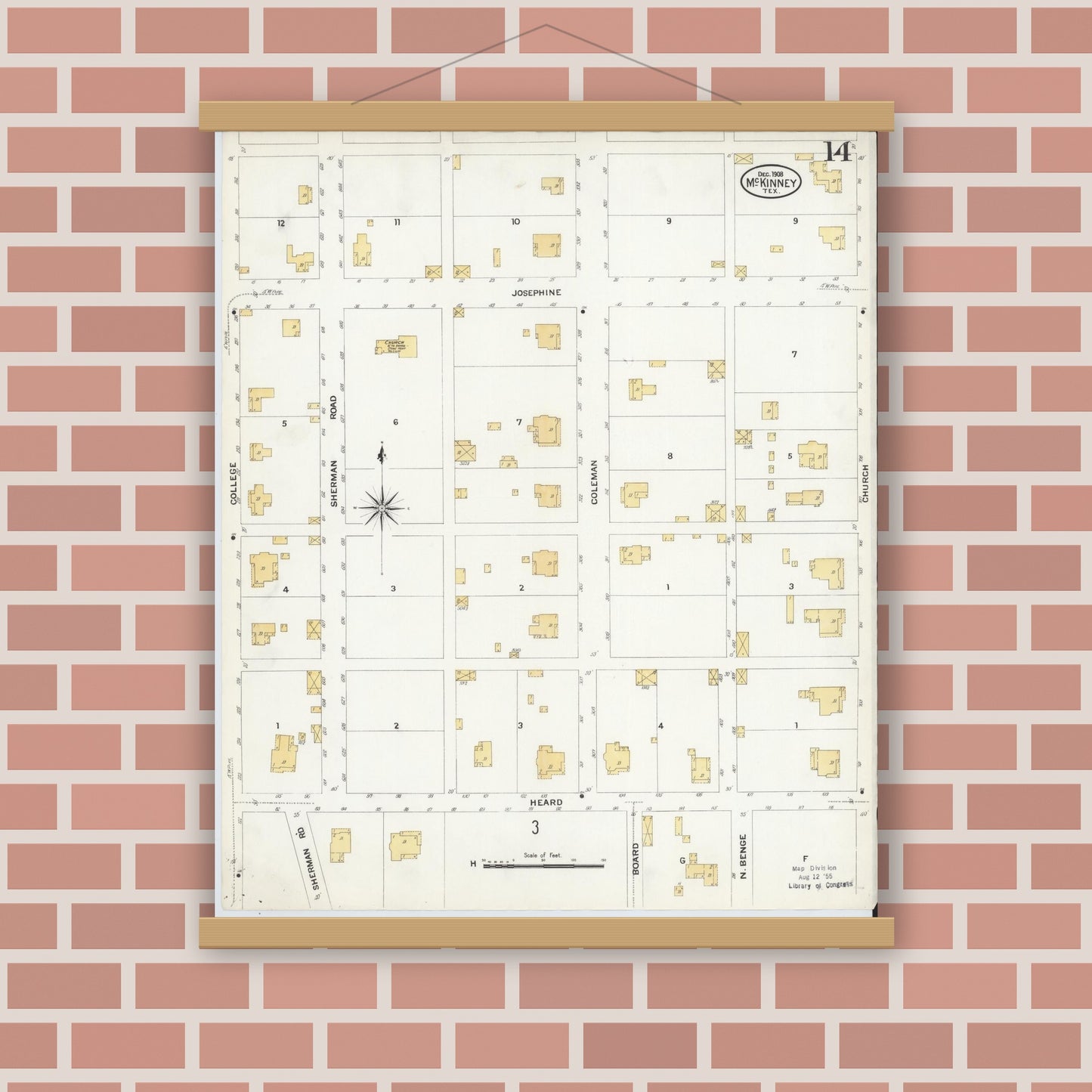 Old map wall art mockup — magnetic wood frame on brick wall — Sanborn Fire Insurance Map from McKinney, Collin County, Texas (1908), Sheet #0014