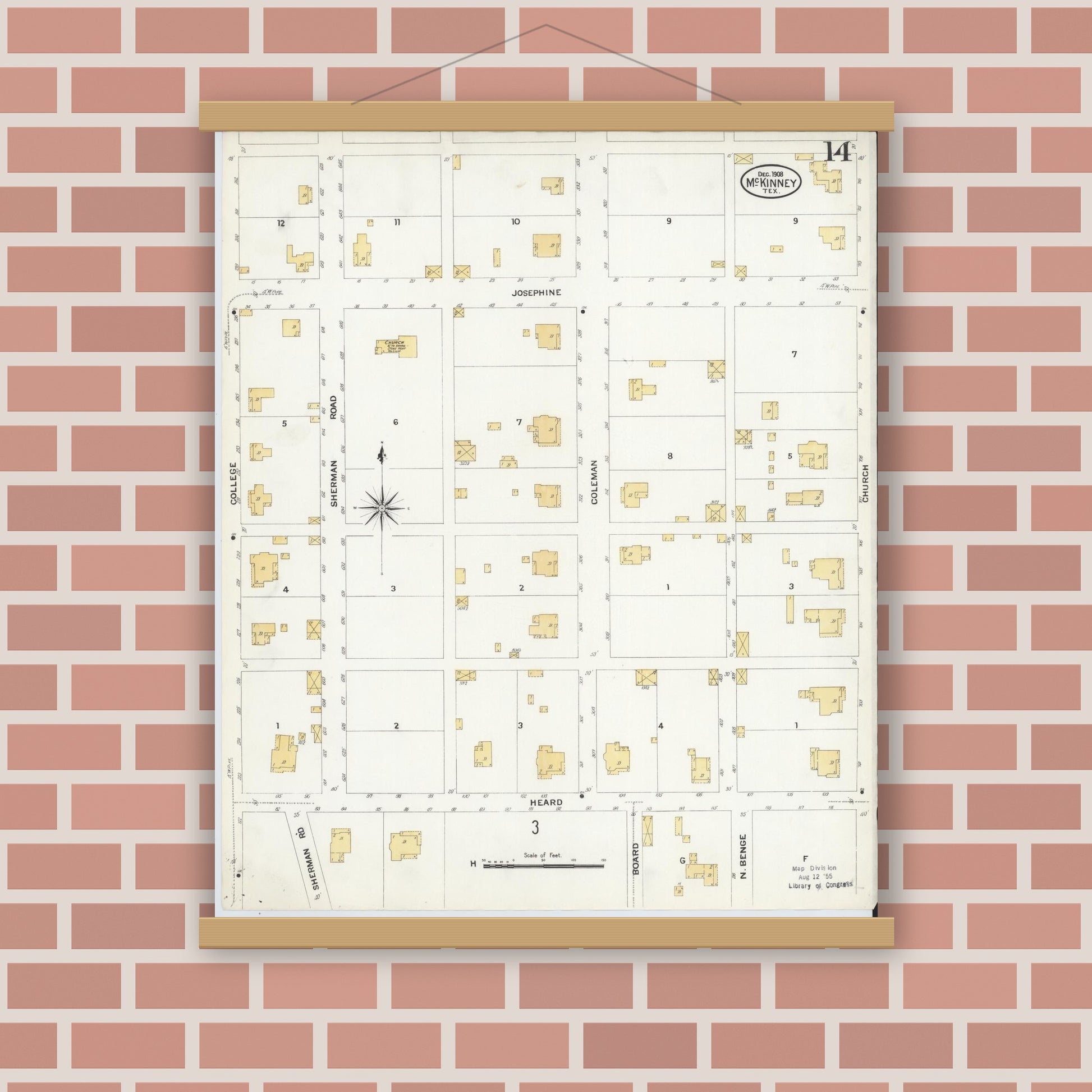 Old map wall art mockup — magnetic wood frame on brick wall — Sanborn Fire Insurance Map from McKinney, Collin County, Texas (1908), Sheet #0014